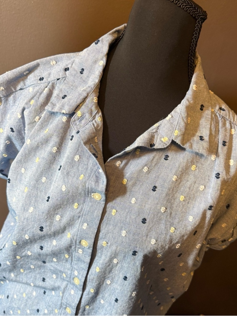 LOFT Light Blue Button-Down Shirt with Navy and Yellow Dot Print - Picture 2 of 4